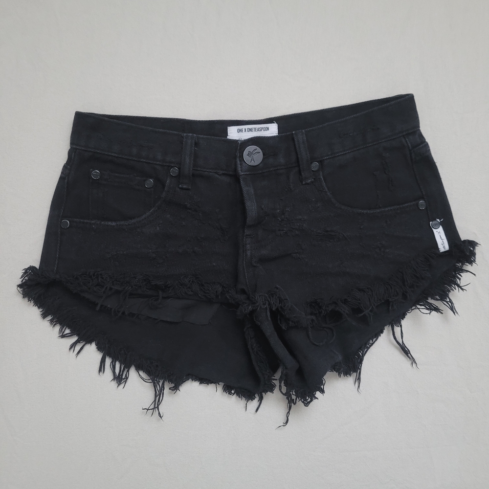 One Teaspoon Black Distressed Bonitas Denim Shorts Y2K Size 24 Womens Low Waist